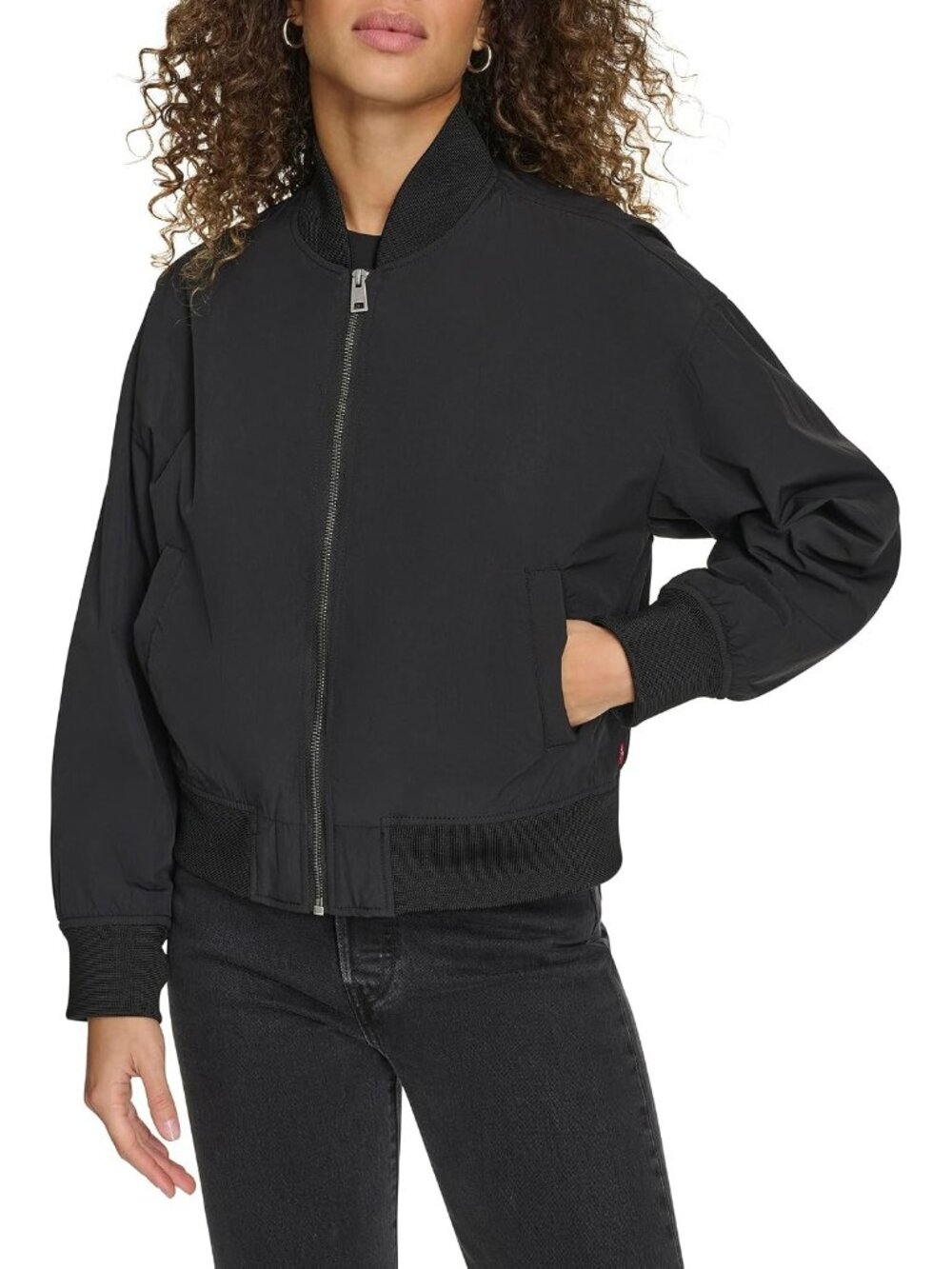 Women's Black Nylon Band Collar Front Zipper Rib Knit Breathable Bomber Jacket